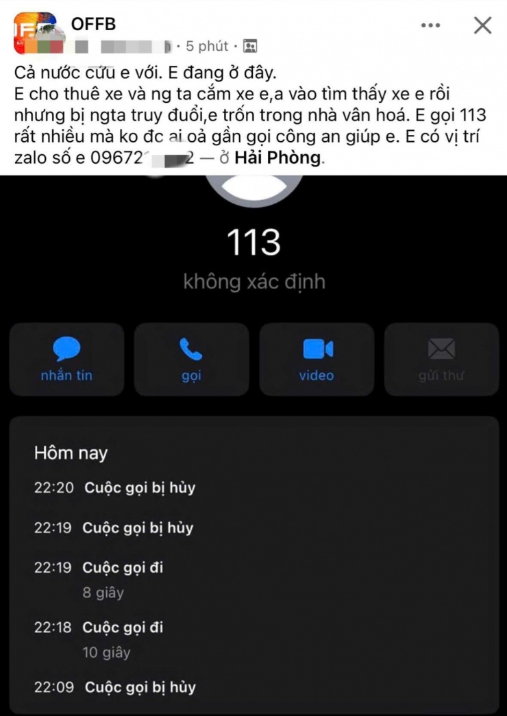 Anh Vũ Mạnh Hoàn kêu cứu trên mạng xã hội sau khi trốn vào nhà văn hóa tổ dân phố ở Hải Phòng. Ảnh chụp màn hình