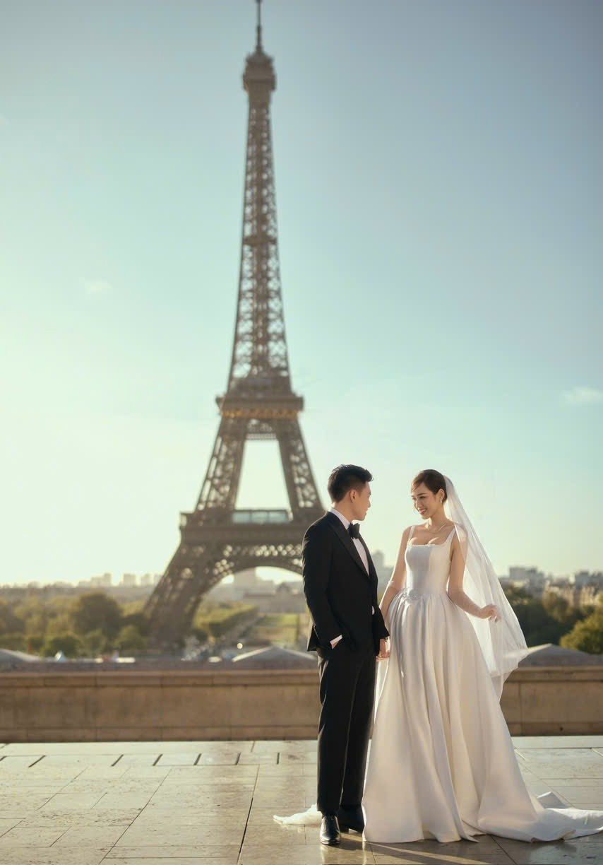 Đỗ Thị Hà và chồng ghi lại những hình ảnh tình tứ dưới chân tháp Eiffel ở Paris, Pháp.