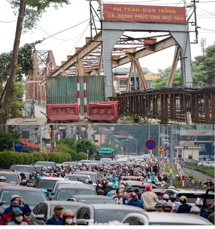 Trước đó, ngày 29/10, để phục vụ dự án sửa chữa cầu Long Biên, đơn vị thi công và quản lý cầu đã dựng hàng tấm tôn và dải phân cách nhựa bịt kín chiều cầu từ Long Biên sang Hoàn Kiếm (ảnh trên). Tình trạng này gây ùn tắc giao thông kéo dài trên nhiều tuyến đường phía Long Biên và cầu Chương Dương (ảnh dưới).