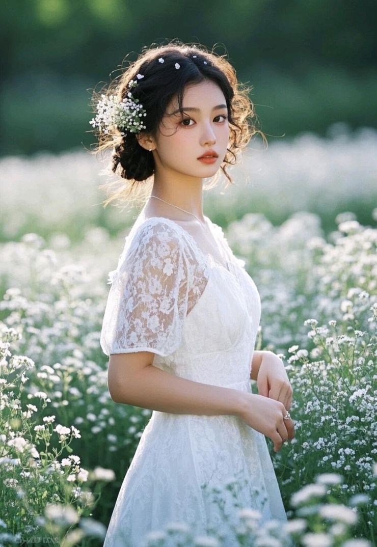 Một nữ sinh tạo dáng với đầm trắng.