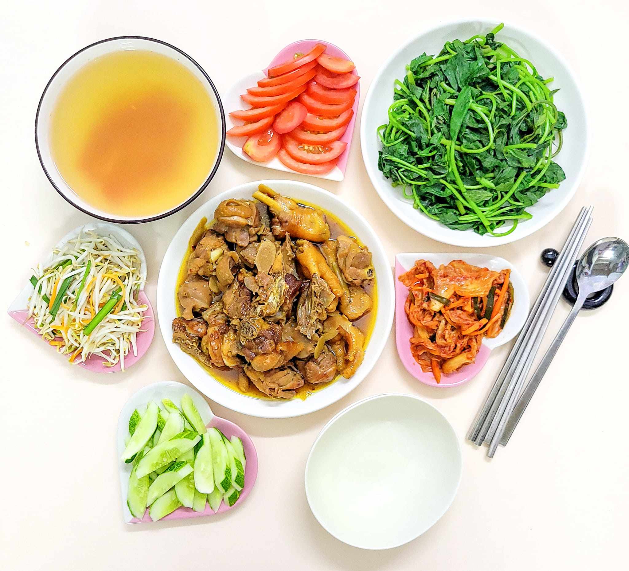 Nước luộc rau cà dằm - Gà ta kho gừng - Rau lang luộc, dưa cà 