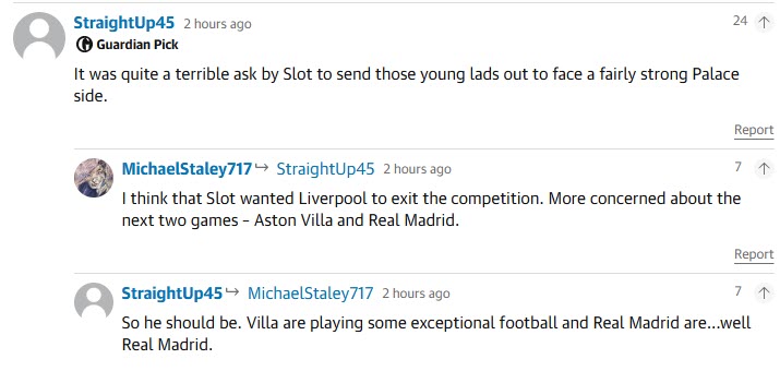 Độc giả tờ The Guardian chỉ trích việc Slot cho các cầu thủ vào "giơ đầu chịu báng" trước Palace