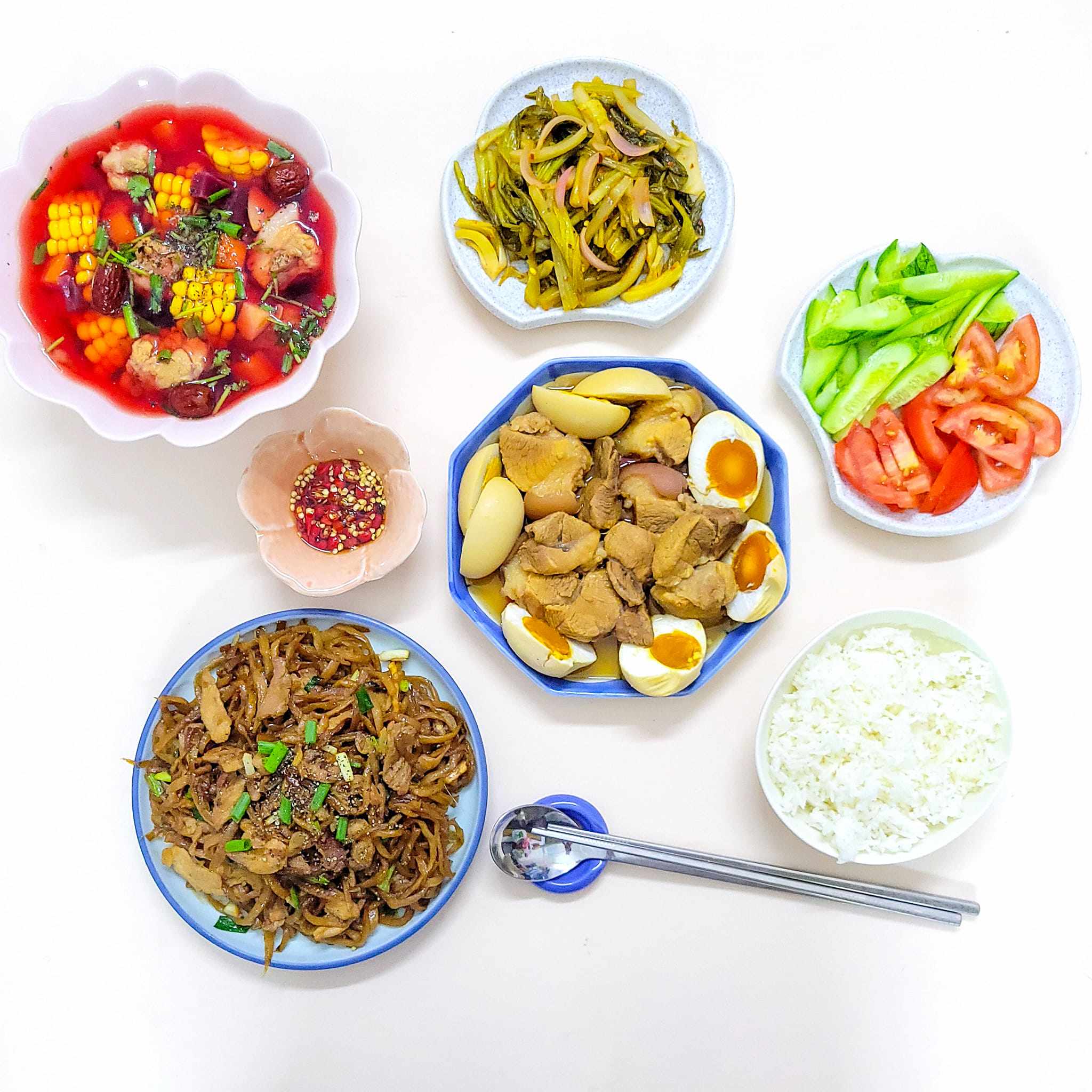 Canh xương rau củ - Thịt kho trứng muối chấm dưa cà - Xá bấu xào thịt ba rọi