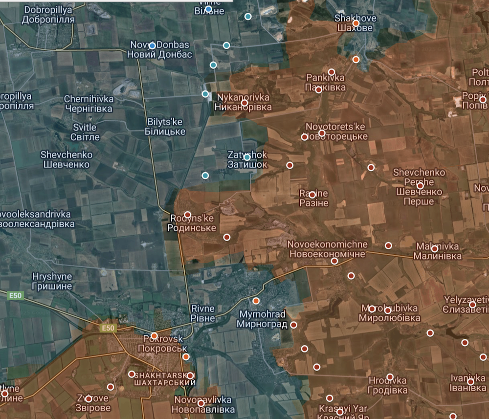 Chiến sự dần ngã ngũ ở Pokrovsk nhưng Ukraine đang có lợi thế ở khu vực phía bắc mặt trận (các chấm xanh).&nbsp;Ảnh: Suriyak/X.