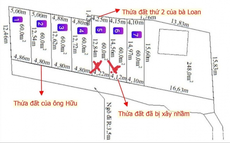 Hình dạng 7 lô đất mà chủ cũ chia bán, trong đó bà Loan mua lô số 6, ông Hữu mua lô số 2.