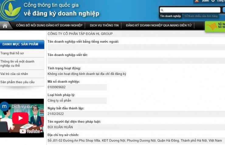 Ảnh chụp màn hình thông tin cơ bản về Công ty Cổ phần Tập đoàn HL Group của Bùi Xuân Huấn, tức Huấn "Hoa Hồng" trên Công thông tin quốc gia về Đăng ký doanh nghiệp ngày 30/10/2025.
