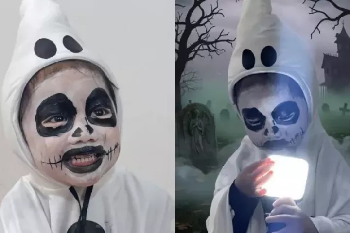 Cosplay bé ma mặt trắng, em bé khiến các bạn cùng lớp ‘sợ hết hồn’