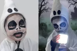 Cosplay bé ma mặt trắng, em bé khiến các bạn cùng lớp ‘sợ hết hồn’