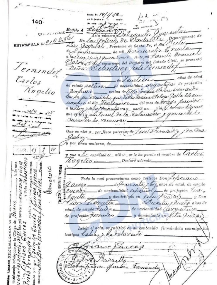 Giấy khai sinh gốc của ông nội Facundo Garces lưu tại Cơ quan Hộ tịch tỉnh Santa Fe (Argentina)
