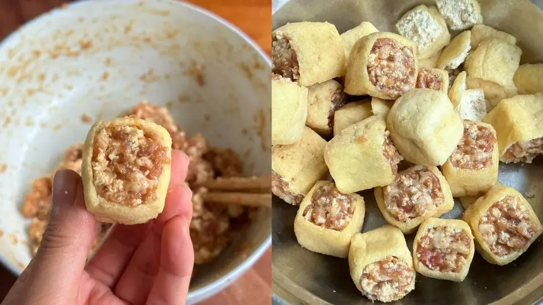 Nhồi thịt vào đậu phụ, ấn chặt tay cho đầy, để riêng chuẩn bị chiên.