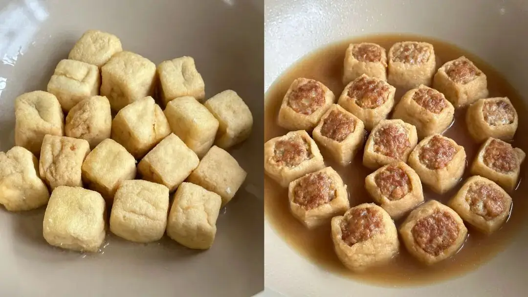 Cho một ít dầu vào chảo, đặt phần nhân thịt úp xuống, chiên đến khi vàng giòn rồi trở mặt. Thêm nước, đậy nắp om 2–3 phút cho thịt chín đều.