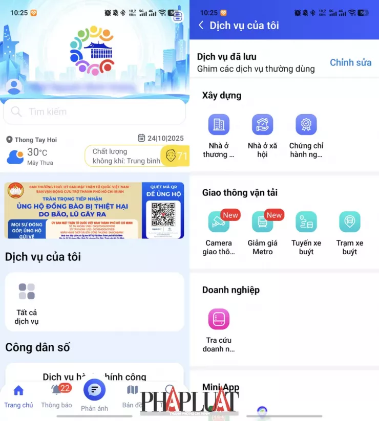 Ứng dụng Công dân số TP.HCM cung cấp khá nhiều tiện ích và công cụ hữu ích, trong đó có tính năng theo dõi triều cường, ngập nước thông qua camera giao thông. Ảnh: MINH HOÀNG
