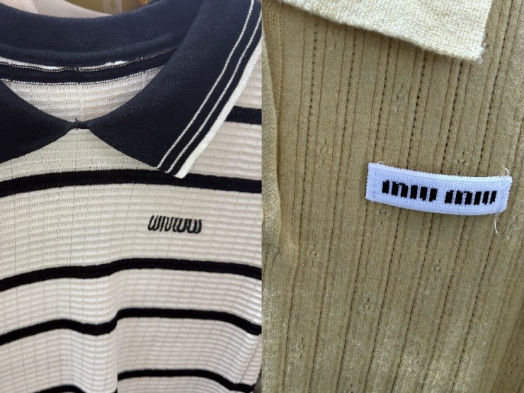 Một số mẫu áo gắn logo "Miu Miu" bán tại chợ Nhà Xanh với giá chỉ từ 100.000 – 200.000 đồng. Dễ thấy đường may, chất vải và logo thêu không đồng đều, cho thấy đây là hàng nhái chứ không phải sản phẩm chính hãng.