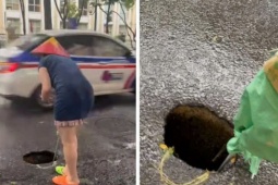 Hố sụt sâu gần 1m giữa lòng đường Hà Nội