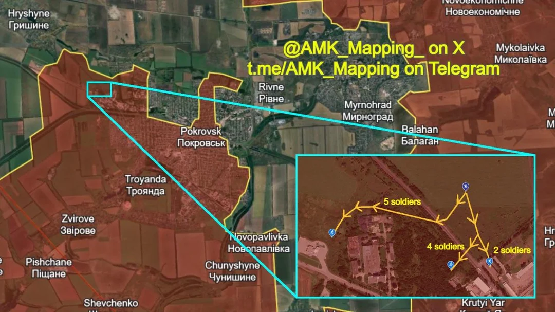 Vị trí được cho là nơi 11 đặc nhiệm Ukraine bị hạ, cách không xa điểm đổ bộ. Ảnh: AMK Mapping/X.