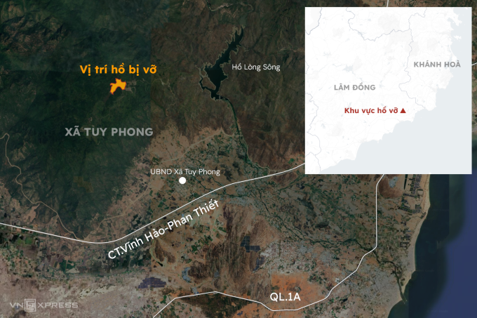 Vị trí hồ chứa trên núi ở xã Tuy Phong. Đồ họa: Hoàng Khánh