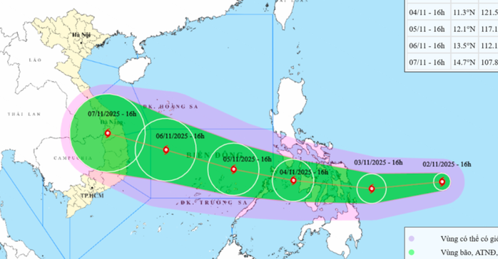 Dự báo hướng di chuyển và đổ bộ của bão Kalmaegi. Nguồn: Trung tâm Dự báo khí tượng thủy văn quốc gia