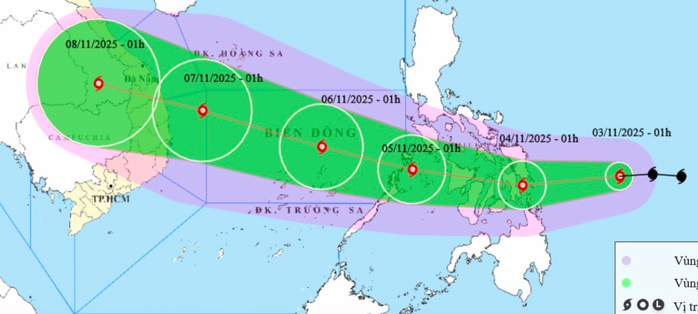 Dự báo vị trí và hướng di chuyển của bão Kalmaegi. Nguồn: Trung tâm Dự báo khí tượng thủy văn quốc gia