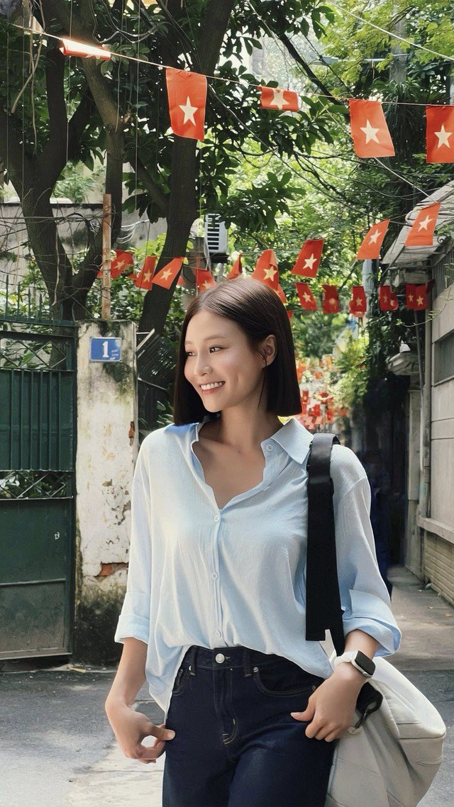 Quỳnh Châu khi đi chơi không quá cầu kỳ vào trang phục mà cô lựa chọn outfit phù hợp với không gian, đảm bảo tính ứng dụng cao.