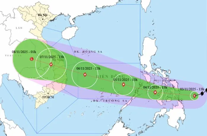Dự báo khoảng sáng ngày 5-11 bão Kalmaegi sẽ đi vào Biển Đông và trở thành cơn bão số 13 trong năm 2025.