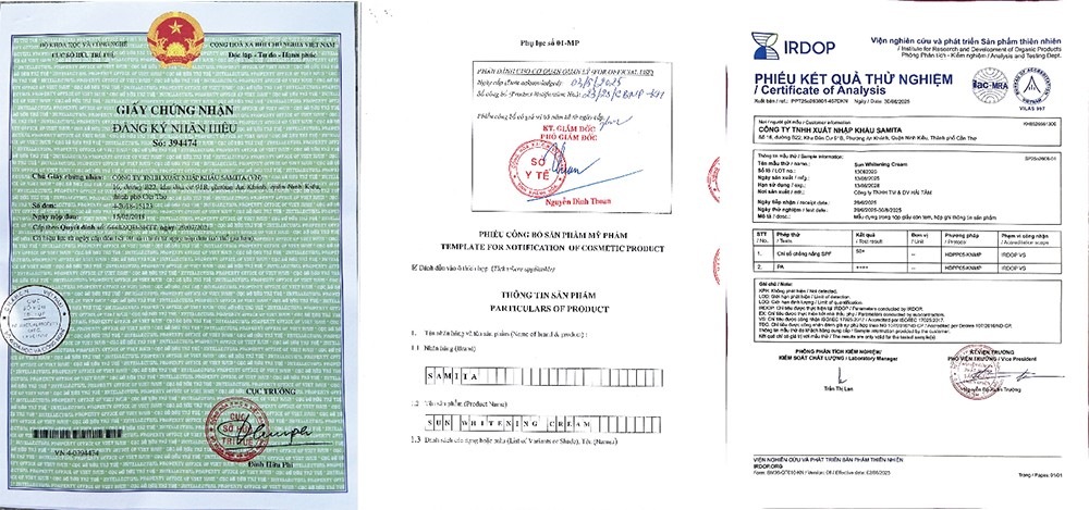 Thương hiệu mỹ phẩm Samita được đăng ký bảo hộ, phiếu công bố sản phẩm Samita Sun Whitening Cream và phiếu kiểm nghiệm đạt SPF50+, PA++++
