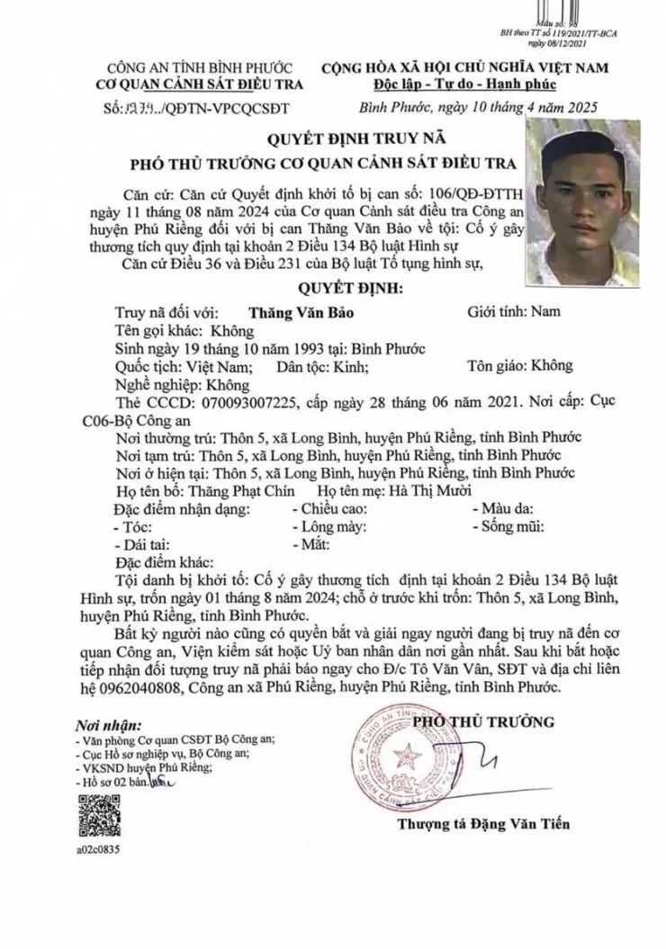 Quyết định truy nã Thăng Văn Bảo.