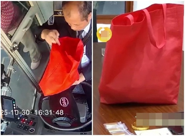 Chiếc túi xách màu đỏ đựng vàng bị bỏ quên ở trên xe. Ảnh: 163