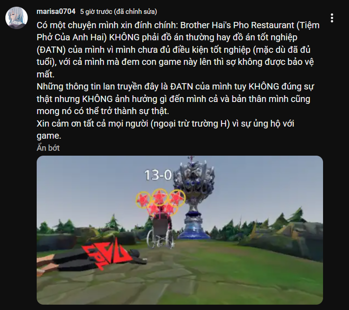 Người được cho là tác giả tựa game hài hước nói rằng "nếu đem con game làm đồ án tốt nghiệp thì sợ sẽ không được bảo vệ mất"