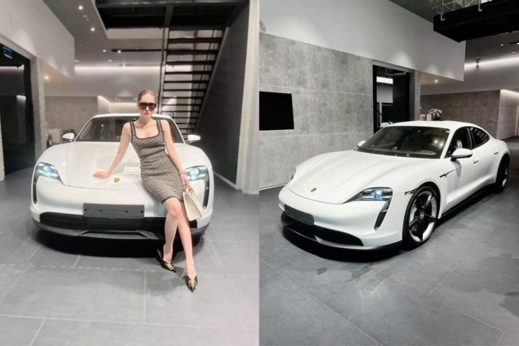 Năm 2023, Đoàn Di Băng và chồng đăng tải hình ảnh nhận chiếc siêu xe chạy điện Porsche Taycan với giá khoảng 8 tỷ đồng. Ảnh: FBNV