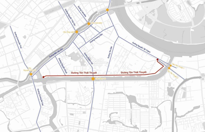 Vị trí đoạn đường Tôn Thất Thuyết sẽ được mở rộng từ 7-8 m lên 27 m. Đồ họa: Tâm Thảo