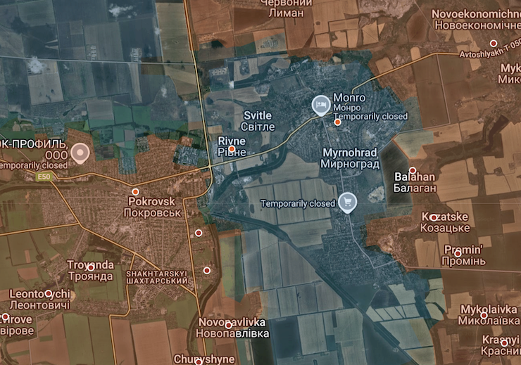 Trong khi Nga sắp hoàn tất kiểm soát Pokrovsk, vòng vây ở thành phố Myrnohrad lân cận ngày càng khép lại. Ảnh: Suriyak/X.