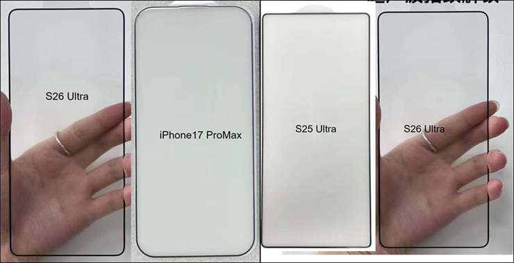 So sánh miếng dán màn hình của S26 Ultra với S25 Ultra và iPhone 17 Pro Max.