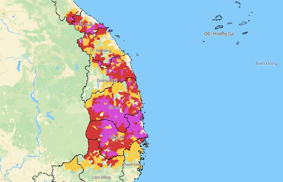 Bản đồ cảnh báo nguy cơ sạt lở đất, lũ quét, màu tím là mức độ cao nhất. Ảnh: Cục Khí tượng thuỷ văn