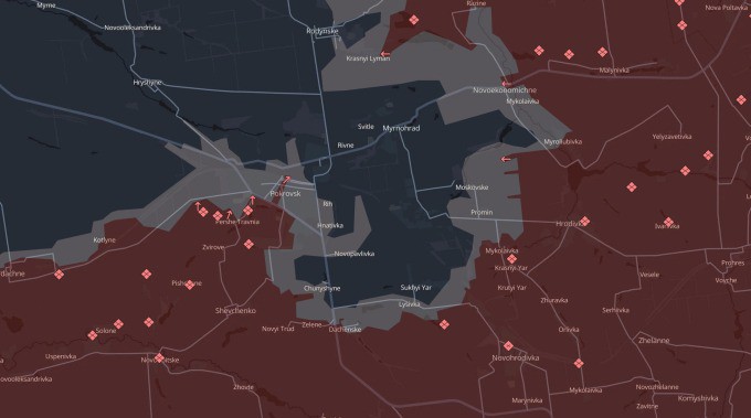 Bản đồ cục diện mặt trận Pokrovsk - Mirnograd do Deep State công bố ngày 2/11, trong đó, phần màu đỏ là khu vực mà Nga đã giành kiểm soát.