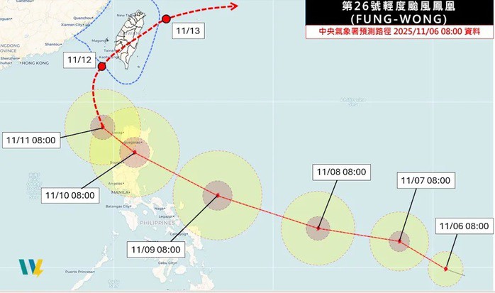Dự đoán đường đi của bão Fung-wong. Ảnh: Công ty WeatherRisk