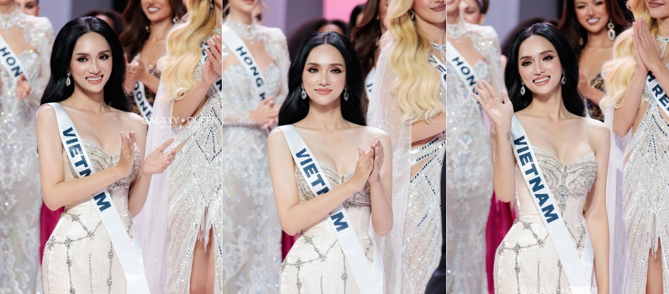 Đại diện Việt Nam là Hoa hậu Nguyễn Hương Giang diện trang phục dạ hội cúp ngực màu trắng đuôi cá, bước đi uyển chuyển, hô hai tiếng "Việt Nam" đầy tự hào.