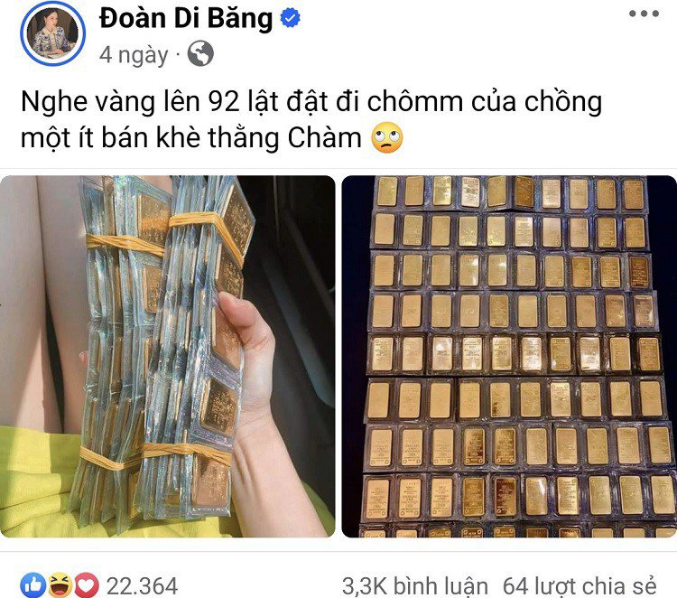 Đoàn Di Băng khoe hàng trăm lượng vàng trên mạng xã hội.