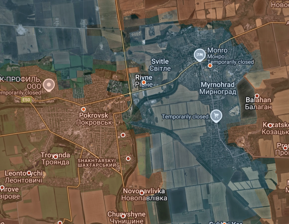 Quân đội Nga kiểm soát hầu như hoàn toàn Pokrovsk, cũng như bao vây thành phố Myrnohrad lân cận. Ảnh: Suriyak/X.