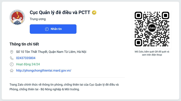 Thông tin trang Zalo chính thức của Cục quản lý đê điều và PCTT.