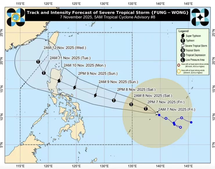 Biểu đồ dự báo đường đi và cường độ của bão Fung-wong. Ảnh: PAGASA