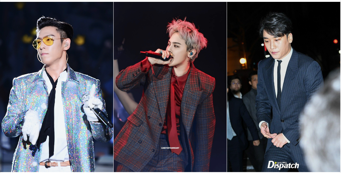 G-Dragon (giữa) không né tránh khi nhắc đến 2 cựu thành viên là T.O.P (bìa trái) và Seungri