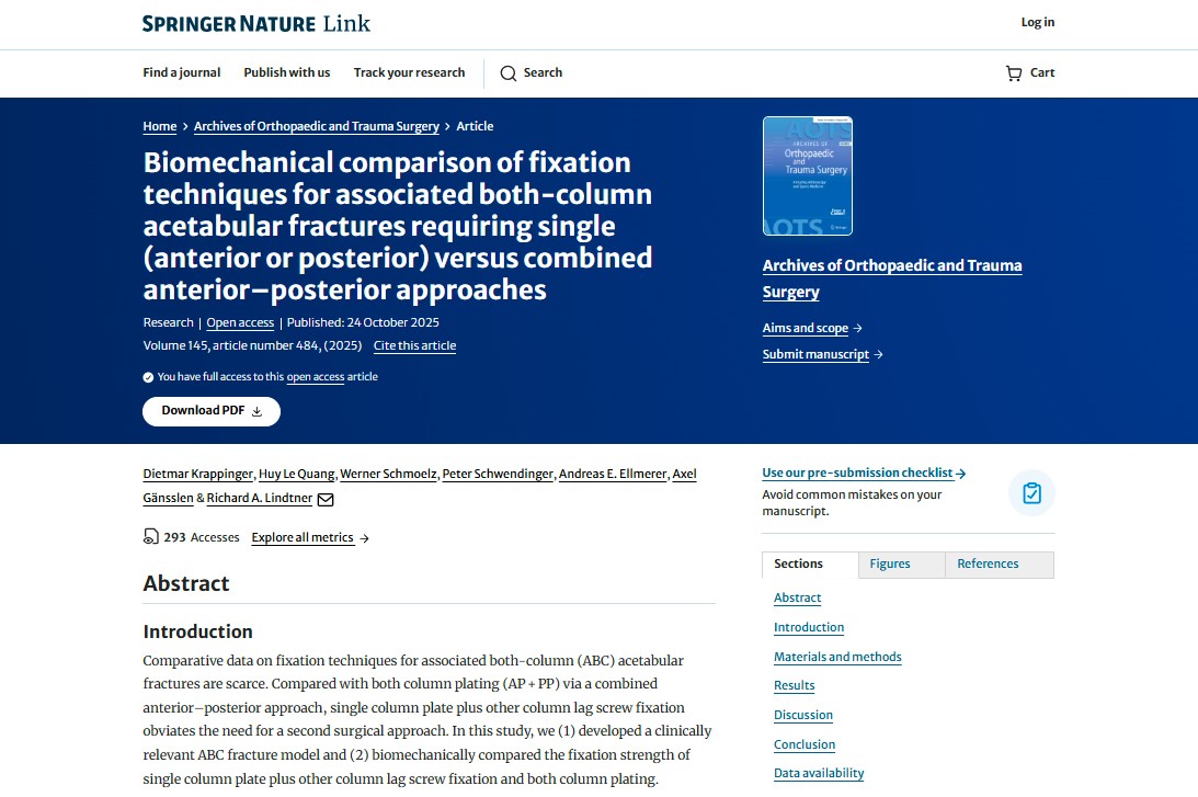 Nghiên cứu được đăng trên tạp chí quốc tế Archives of Orthopaedic and Trauma Surgery (Đức).