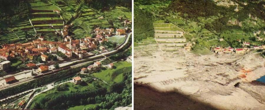 Thị trấn Longarone, tỉnh Belluno, đông bắc nước Ý trước và sau thảm họa năm 1963. Ảnh: Environment and Society