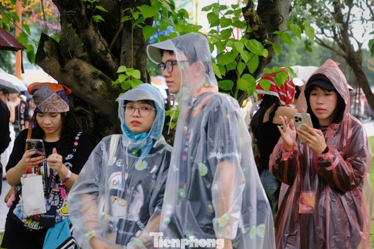 Càng sát giờ diễn ra concert, trời càng mưa nặng hạt. Nhiều người trú tạm ở quán ăn, đứng dưới tán cây chờ ngớt mưa.
