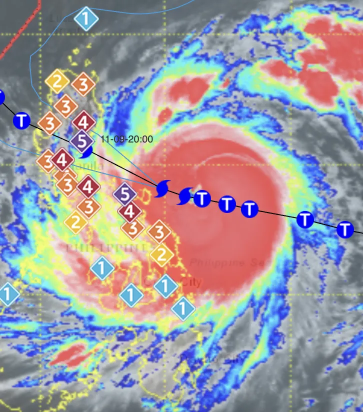 Cảnh báo gió các cấp được ban bố khắp Philippines khi siêu bão Fung-wong áp sát. Ảnh: PAGASA