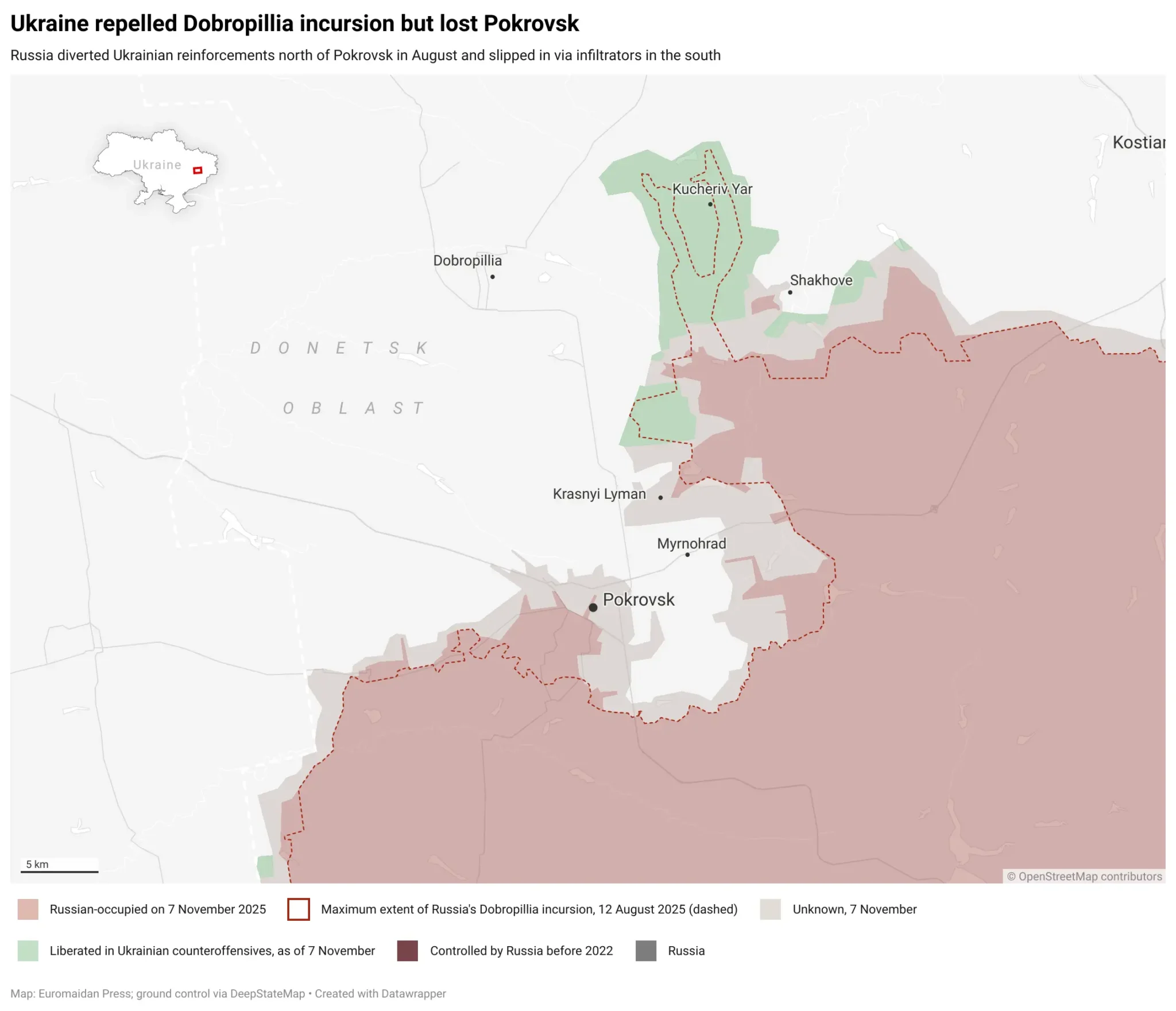 Vùng màu xanh là khu vực Ukraine giành lại ở phía bắc Pokrovsk. Ảnh: Euromaidan Press.