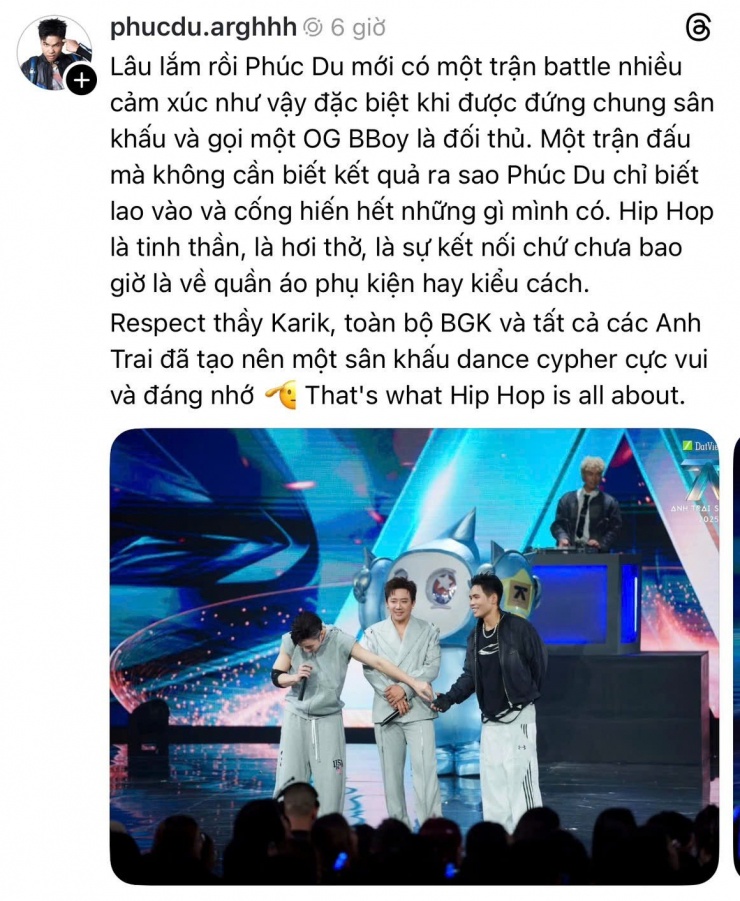 Dù không trực tiếp nhắc đến ồn ào, chia sẻ của Phúc Du được xem như lời khẳng định tinh thần tôn trọng và fair-play giữa hai nghệ sĩ.