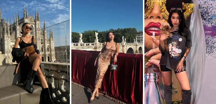 Phong cách dự tiệc của Tiên Nguyễn cũng đầy ấn tượng với những thiết kế cao cấp. Cô từng xuất hiện trong váy body đính kim sa bạc, kết hợp găng tay lụa đen và kính mát. Tại sự kiện Halloween năm 2023, Tiên Nguyễn hóa thân thành nàng hề Harley Quinn với set đồ crop top đỏ đen da bóng cùng phụ kiện tai thỏ.