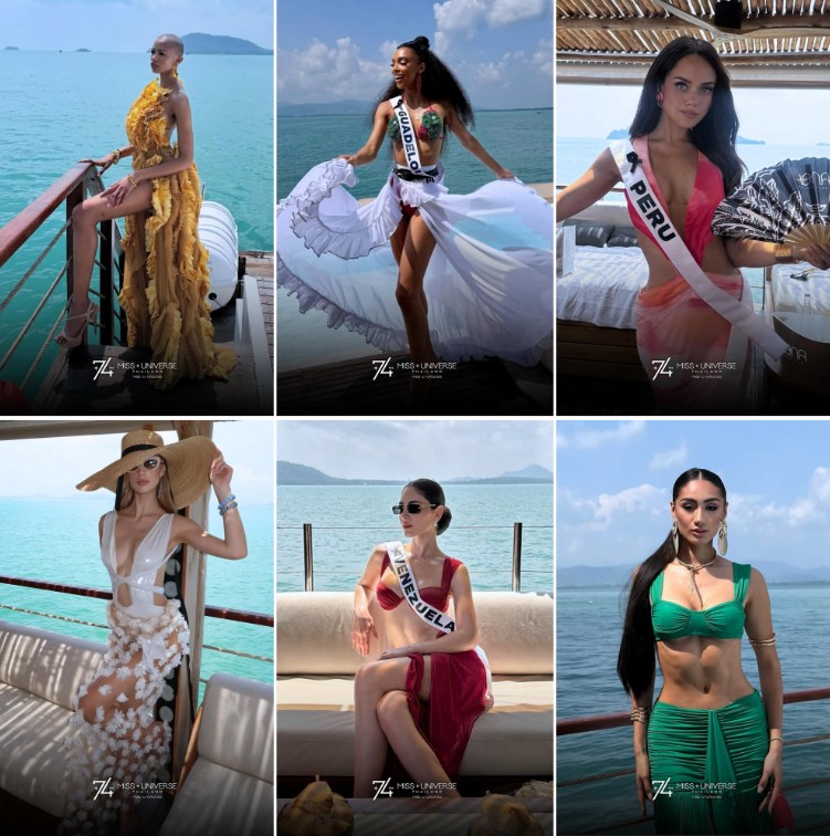 Hoa hậu Peru gợi cảm trong bộ váy cut-out đỏ - trắng họa tiết lá cọ nhiệt đới, trong khi hoa hậu Campuchia chọn váy cam đào dịu dàng với chi tiết ren đỏ ở viền ngực. Hoa hậu Cộng hòa Dominican lựa chọn bikini đính pha lê bạc lấp lánh kết hợp chân váy lưới xuyên thấu mang phong cách gợi cảm. Hoa hậu Ai Cập thanh lịch với đầm vàng kem xếp nếp xẻ tà cao, còn hoa hậu Venezuela quyến rũ với bikini nhung đỏ rượu sang trọng.