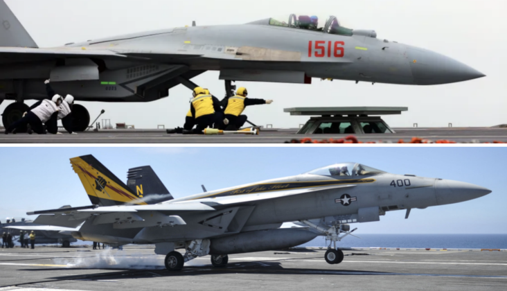 Phiên bản tiêm kích hạm J-15T mới nhất (ảnh trên) tỏ ra áp đảo F-18E. Ảnh: Military Watch.